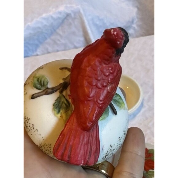 Cardinal red bird figure and poinsettia jewelry box bowls small cute knick knack - Picture 12 of 16